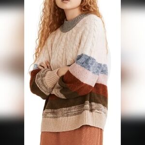 Madewell Deacon Mockneck Wool Striped Cable Knit Sweater
